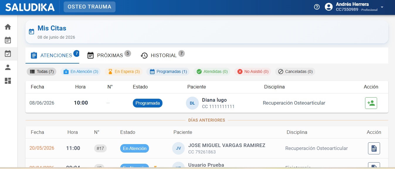 Módulo de atenciones médicas en Saludika